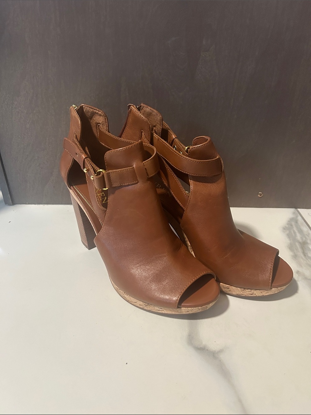 Lauren Ralph Lauren Brown Leather Open-Toe Cork Block Heel Sandals